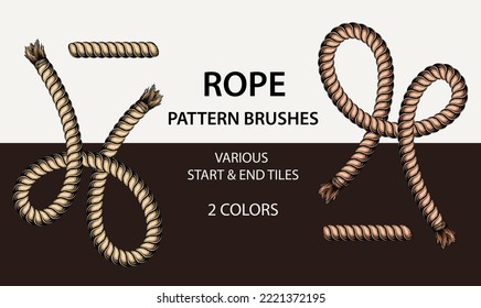 Set of 4 vector rope pattern brushes with 2 different styles of ends. Warm natural colors. Vintage detailed style.