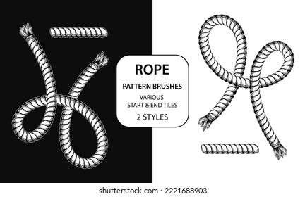 Set of 4 vector rope pattern brushes with 2 different styles of ends. Black and white. Vintage detailed style.