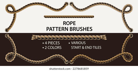 Set of 4 vector rope pattern brushes. 2 colors and 2 different styles of ends. Thin rope. Warm natural colors. Vintage detailed style.