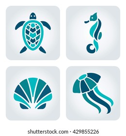 Set of 4 vector sea animals icons