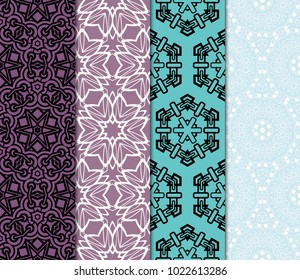 set of 4 Vector seamless patern of Bright geometric Backgrounds inmodern style. For greeting cards, invitations, cover book, fabric, scrapbooks.