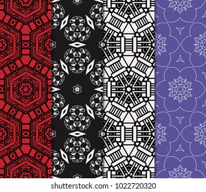 set of 4 Vector seamless patern of Bright geometric Backgrounds inmodern style. For greeting cards, invitations, cover book, fabric, scrapbooks.