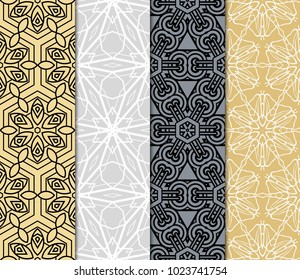 set of 4 Vector seamless patern of Bright geometric Backgrounds inmodern style. For greeting cards, invitations, cover book, fabric, scrapbooks.