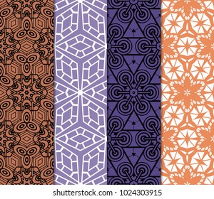 set of 4 Vector seamless patern of Bright geometric Backgrounds inmodern style. For greeting cards, invitations, cover book, fabric, scrapbooks.