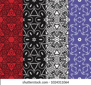 set of 4 Vector seamless patern of Bright geometric Backgrounds inmodern style. For greeting cards, invitations, cover book, fabric, scrapbooks.