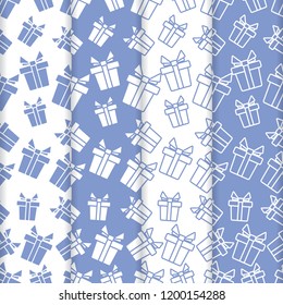 Set of 4 vector seamless pattern with gifts. Christmas and New Year 2019 background. Design for packaging paper, fabric and other print.