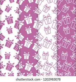 Set of 4 vector seamless pattern with gifts. Christmas and New Year 2019 background. Design for packaging paper, fabric and other print.