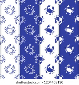 Set of 4 vector seamless pattern with crabs. Sea inhabitants. Animals under water. Seafood. Design for packaging paper, fabric and other print.