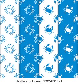 Set of 4 vector seamless pattern with crabs. Sea inhabitants. Animals under water. Seafood. Design for packaging paper, fabric and other print.