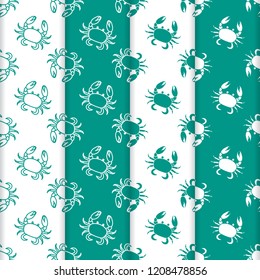 Set of 4 vector seamless pattern with crabs. Sea inhabitants. Animals under water. Seafood. Design for packaging paper, fabric and other print.