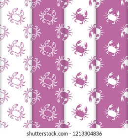 Set of 4 vector seamless pattern with crabs. Sea inhabitants. Animals under water. Seafood. Design for packaging paper, fabric and other print.