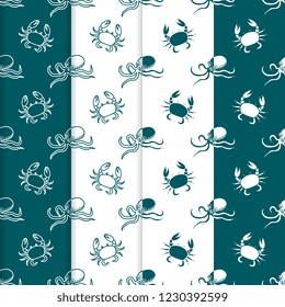 Set of 4 vector seamless pattern with octopuses and crabs. Sea inhabitants. Animals under water. Seafood. Design for wrapping, fabric, marine background, print.