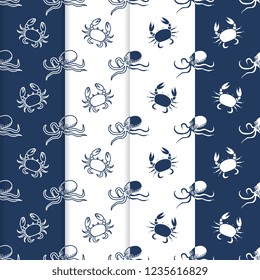 Set of 4 vector seamless pattern with octopuses and crabs. Sea inhabitants. Animals under water. Seafood. Design for wrapping, fabric, marine background, print.