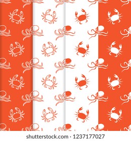 Set of 4 vector seamless pattern with octopuses and crabs. Sea inhabitants. Animals under water. Seafood. Design for wrapping, fabric, marine background, print.
