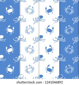 Set of 4 vector seamless pattern with octopuses and crabs. Sea inhabitants. Animals under water. Seafood. Design for wrapping, fabric, marine background, print.