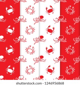 Set of 4 vector seamless pattern with octopuses and crabs. Sea inhabitants. Animals under water. Seafood. Design for wrapping, fabric, marine background, print.