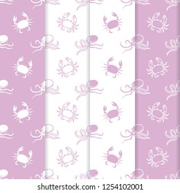Set of 4 vector seamless pattern with octopuses and crabs. Sea inhabitants. Animals under water. Seafood. Design for wrapping, fabric, marine background, print.