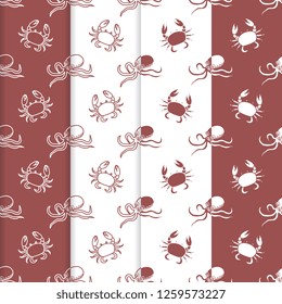 Set of 4 vector seamless pattern with octopuses and crabs. Sea inhabitants. Animals under water. Seafood. Design for wrapping, fabric, marine background, print.