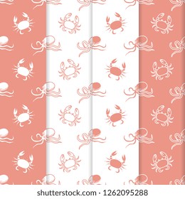 Set of 4 vector seamless pattern with octopuses and crabs. Sea inhabitants. Animals under water. Seafood. Design for wrapping, fabric, marine background, print.