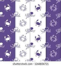 Set of 4 vector seamless pattern with octopuses and crabs. Sea inhabitants. Animals under water. Seafood. Design for wrapping, fabric, marine background, print.
