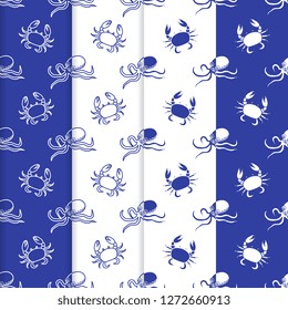 Set of 4 vector seamless pattern with octopuses and crabs. Sea inhabitants. Animals under water. Seafood. Design for wrapping, fabric, marine background, print.