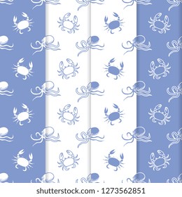 Set of 4 vector seamless pattern with octopuses and crabs. Sea inhabitants. Animals under water. Seafood. Design for wrapping, fabric, marine background, print.