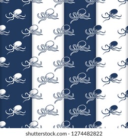 Set of 4 vector seamless pattern with octopuses. Sea inhabitants. Animals under water. Design for wrapping, fabric, marine background, print.