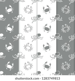 Set of 4 vector seamless pattern with octopuses and crabs. Sea inhabitants. Animals under water. Seafood. Design for wrapping, fabric, marine background, print.