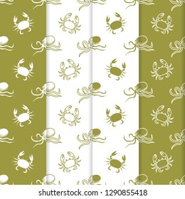 Set of 4 vector seamless pattern with octopuses and crabs. Sea inhabitants. Animals under water. Seafood. Design for wrapping, fabric, marine background, print.