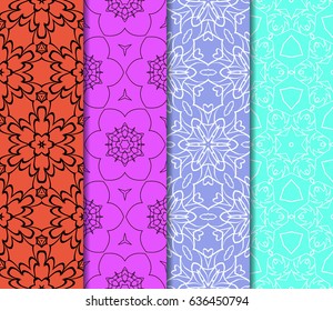 set of 4 Vector seamless pattern. Geometric ornament with abstract flower.