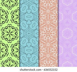 set of 4 Vector seamless pattern. Geometric ornament with abstract flower.