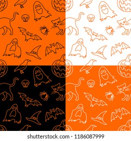 Set of 4 vector seamless patterns for Halloween. Seamless background with contour Halloween elements: jack-o-lantern, ghosts, raven, witch’s hat, bats, cat, skull and spider