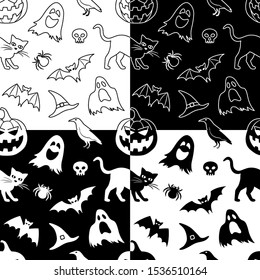 Set of 4 vector seamless patterns for Halloween. Collection of four black and white backgrounds with Halloween elements