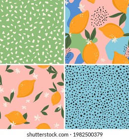 Set of 4 vector seamless patterns with lemons and flowers. Trendy hand drawn textures. Modern abstract design for paper, cover, fabric, interior decor and other users.