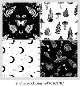 A set of 4 vector seamless patterns featuring magical elements like mushrooms, fern, candles, and keys. Ideal for packaging paper, textiles, and more, adding a mystical touch to your designs.