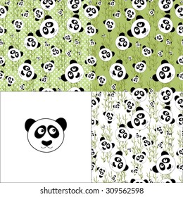 Set of 4 vector seamless patterns with cute panda on different backgrounds. Set of patterns for children.