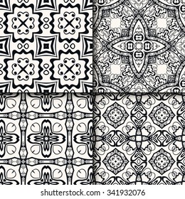 Set of 4 vector seamless patterns. Endless texture can be used for wallpaper, pattern fills, web page background, surface textures. Monochrome geometric ornaments. Black and white collection.