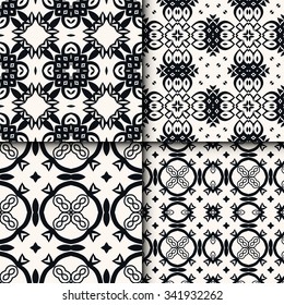 Set of 4 vector seamless patterns. Endless texture can be used for wallpaper, pattern fills, web page background, surface textures. Monochrome geometric ornaments. Black and white collection.