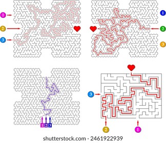 Juego de 4 Vectores de búsqueda de laberintos de amor. Laberintos con tres entradas. Encuentra el camino correcto y llega al corazón rojo. Juegos educativos mentales con pistas. 