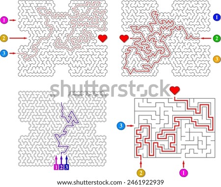 Set of 4 vector search for love mazes. Labyrinths with three entrances. Find the right way and reach the red heart. Mental educational games with clue. 