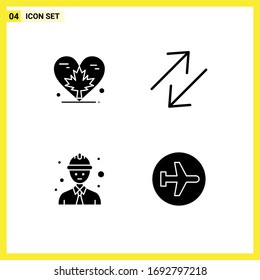 Set of 4 Vector Solid Glyphs on Grid for heart; safety worker; canada; change; aero plane Editable Vector Design Elements