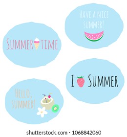 Set of 4 vector summer stickers with ice cream, watermelon, strawberry, coconut and phrases. Perfect for stickers, labels, banners, etc.