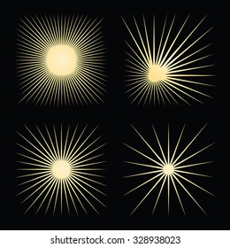 Set of 4 vector sunburst pattern shapes - radial star rays square silhouettes. Beige color on black - vintage decor elements for backgrounds. Sunburst vector illustration,sunburst retro clip art.