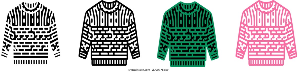 Conjunto de 4 íconos de suéter de Vector con patrones de notas musicales en blanco, negro, verde y rosa