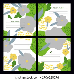 Set of 4 vector universal floral cards with hand-drawn textures. Invitations to a party, wedding, anniversary, birthday.
