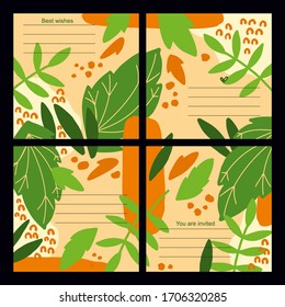 Set of 4 vector universal floral cards with hand-drawn textures. Invitations to a party, wedding, anniversary, birthday.