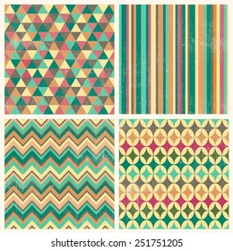 Set of 4 Vector Vintage Textured Grunge Geometric Seamless Background Patterns with Pattern Swatches