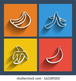 Set of 4 vector web and mobile banana icons in flat design. Symbols of bananas, banana skin.