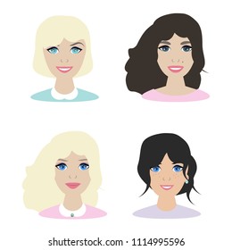 Set of 4 vector women with different hair colors and hairstyles, great for avatars.