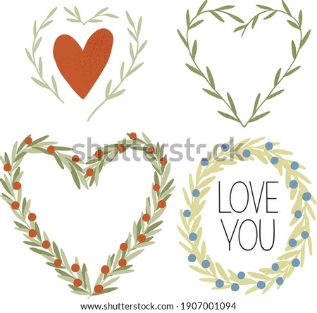 Set of 4 vector wreaths for Valentine's day greeting cards. Hand-drawn lovely floral templates with green leaves and berries. Heart-shaped laurels. Botanical illustration.
